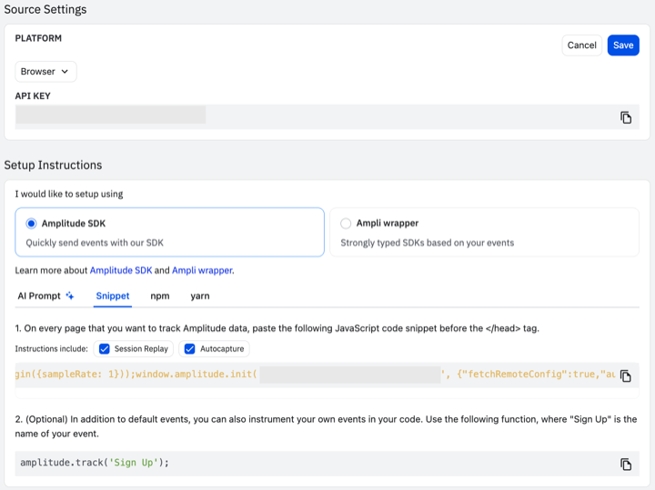 Amplitude Source Settings — WEB Platform 및 API Key 확인 화면