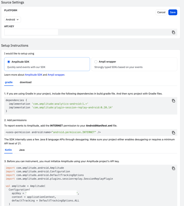 Braze Manage Settings — Android API Key 확인 화면