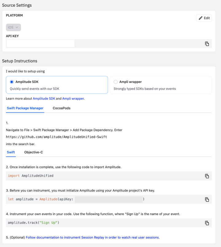 대시보드 Source Settings — Platform 및 API Key 확인 화면 예시